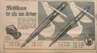 Retro-annons &rdquo;Pelikan reservoarpenna f&ouml;r alla som skriver&rdquo; fr&aring;n 1953