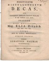 Positionum miscellanearum decas, quam ... praeside ... Elia Tr&auml;g&aring;rd ... L. H. Q. S. die iv april. mdcclxxvi publico examini subiiciet Iohannes Hagman, gothoburgensis